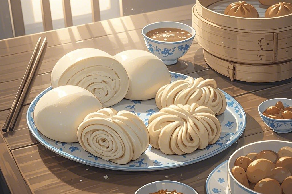 餐桌上摆着一个餐盘，上面装有馒头、花卷，数量不要太多，动漫插画.jpeg