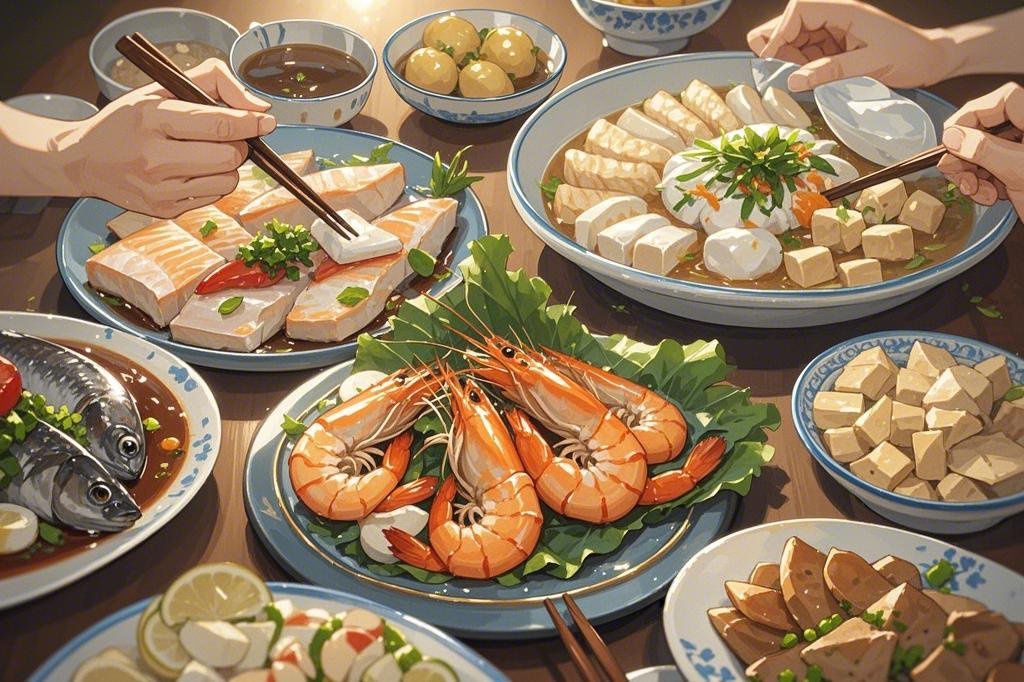 餐桌上摆着装有鱼肉、虾、豆制品三盘菜，动漫插画.jpeg