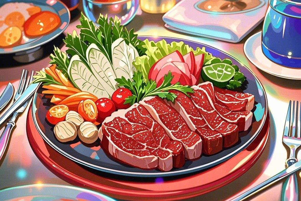 餐桌子上摆着装有牛肉和蔬菜的餐盘，动漫插画.jpeg