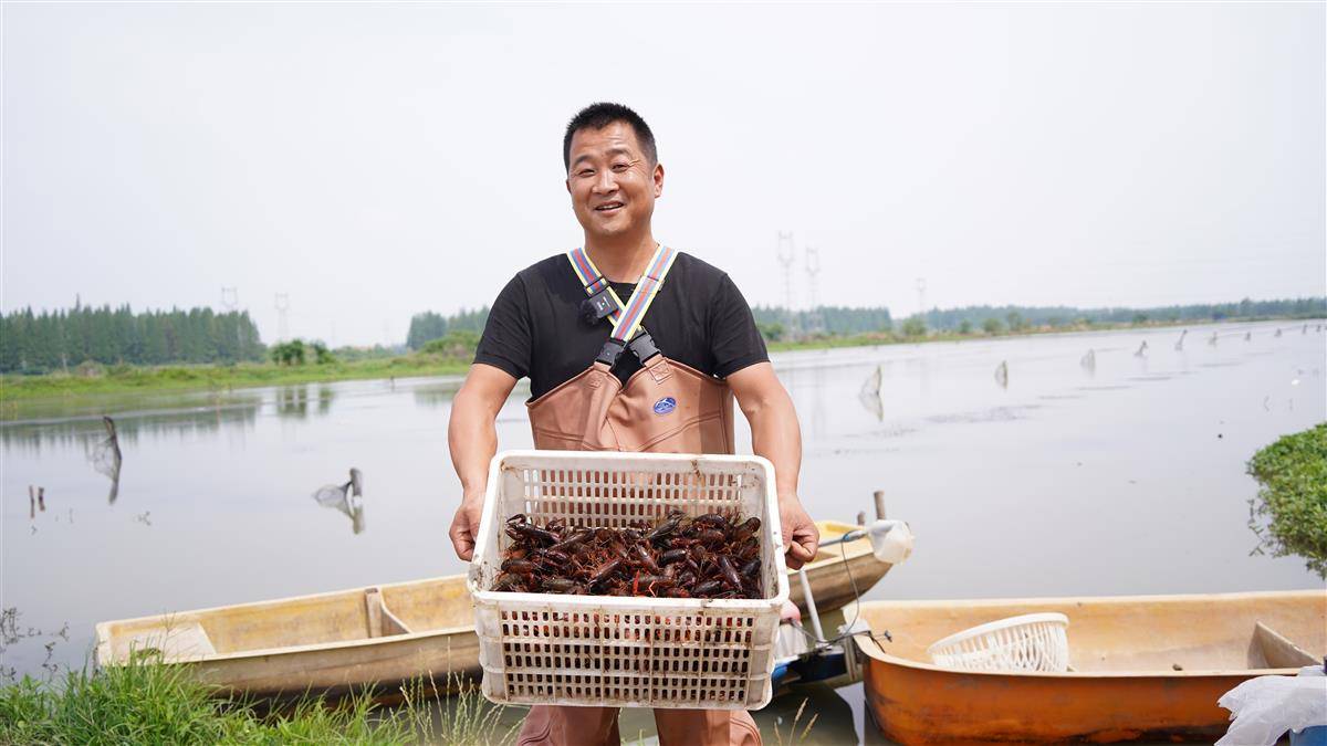 养殖户关宏鹏收获满蓝的小龙虾，喜上眉梢。（湖北日报通讯员 艾帅）