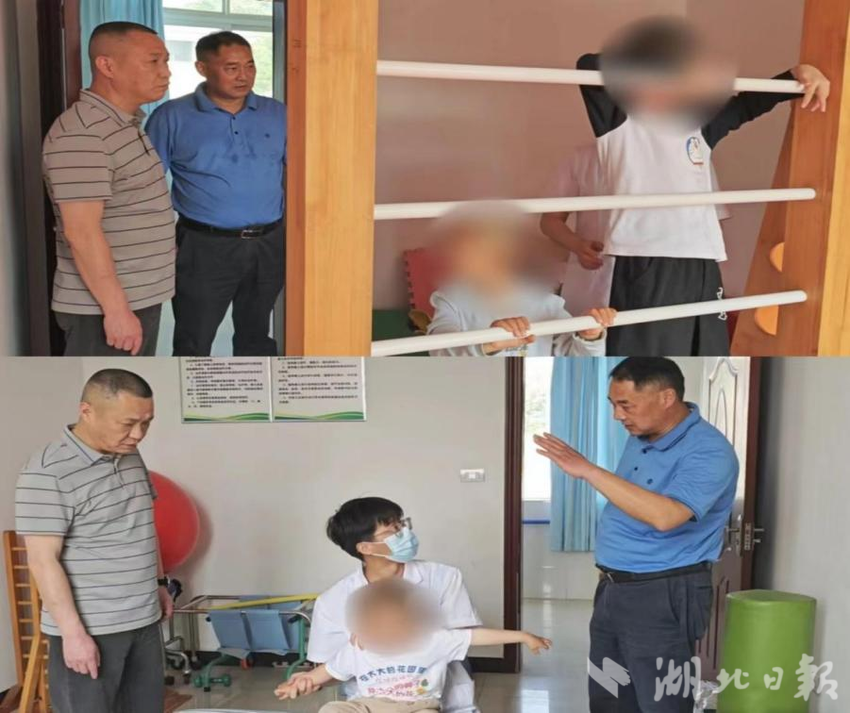 图为大悟县残联党组书记、理事长汪励填，县中医医院党委书记魏晖走访了解残疾儿童康复情况