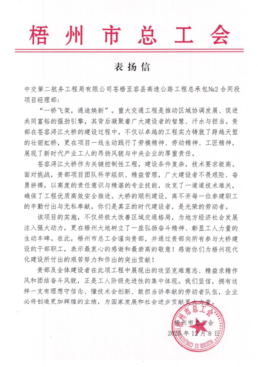 【一线传声】中交二航局苍容浔江大桥建设获地方认可.docx