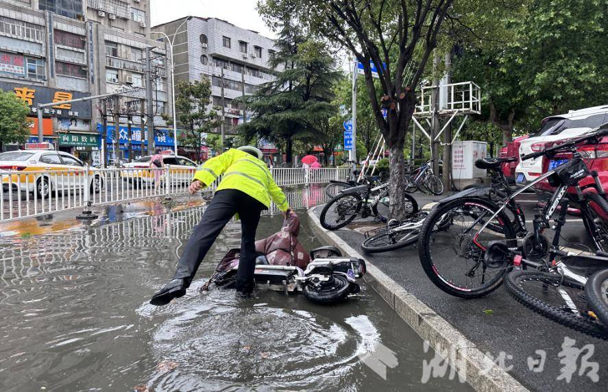 谷城交警将被强风刮倒至道路积水区的非机动车逐辆扶起