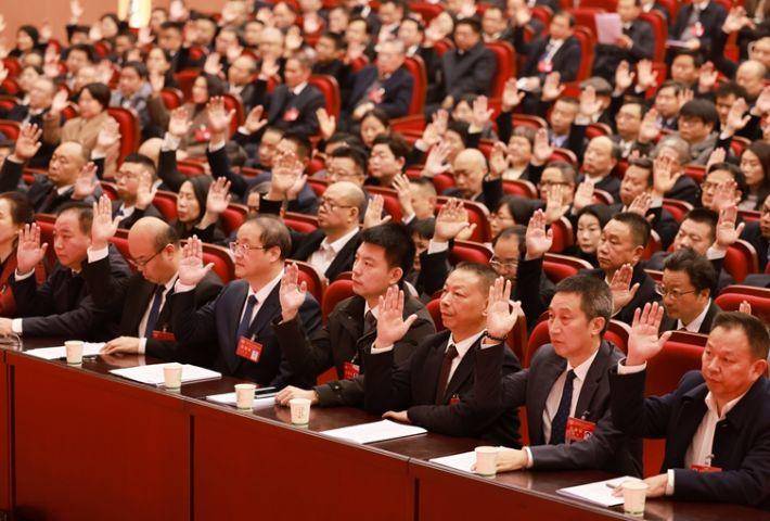 图为政协委员举手表决相关决议。通讯员 刘旻 摄