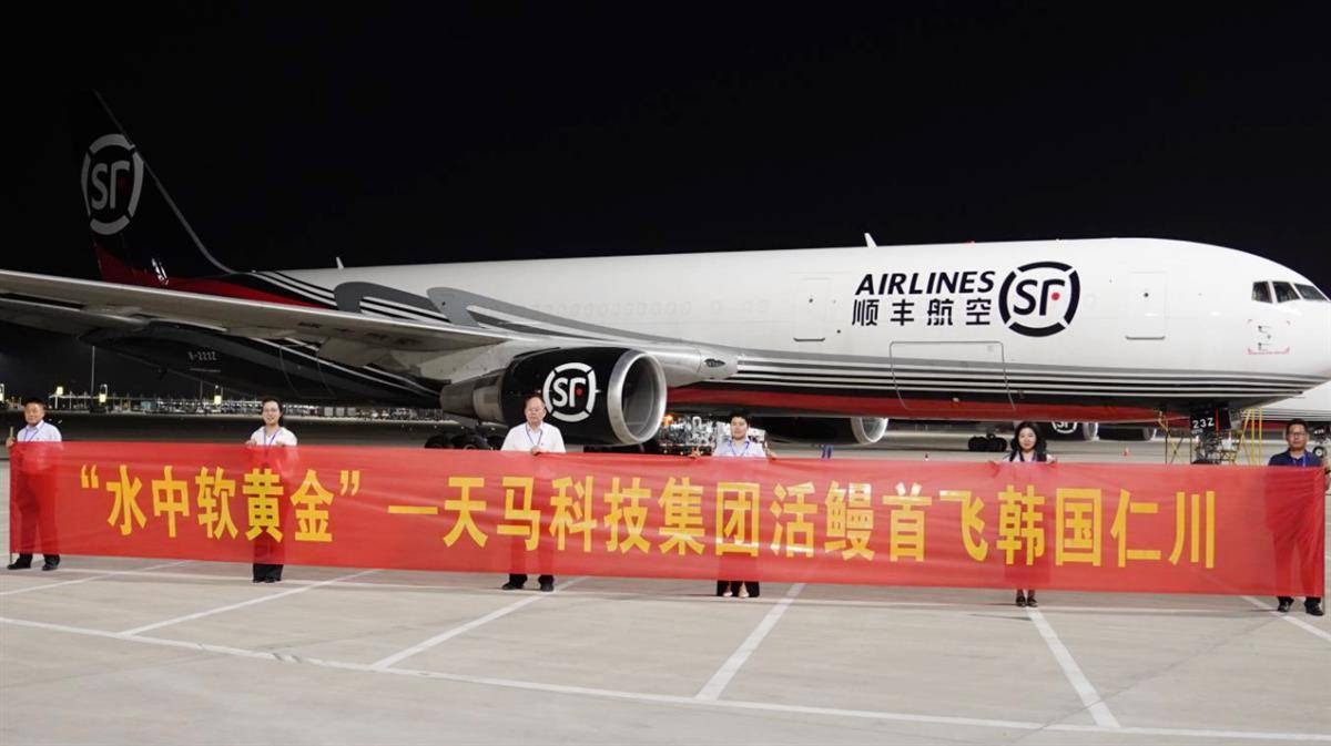载着182箱3700公斤活体鳗鱼的货运飞机。（黄冈市临空区管委会供图）
