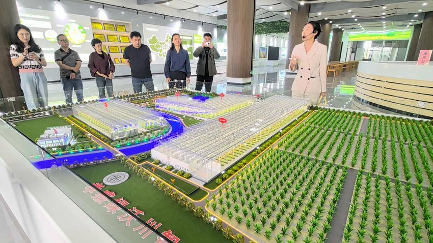 采访团在绿沃川智慧农业科技产业园观摩。