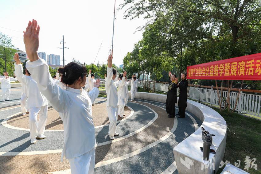 市健身气功协会老师在做示范动作。