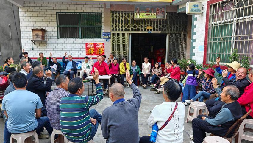 金果坪乡江家村召开屋场院子会，讨论村集体为村民提供农业社会化服务，解决部分农户发展产业缺乏壮劳力问题，同时增加村集体经济收入。（受访者供图）