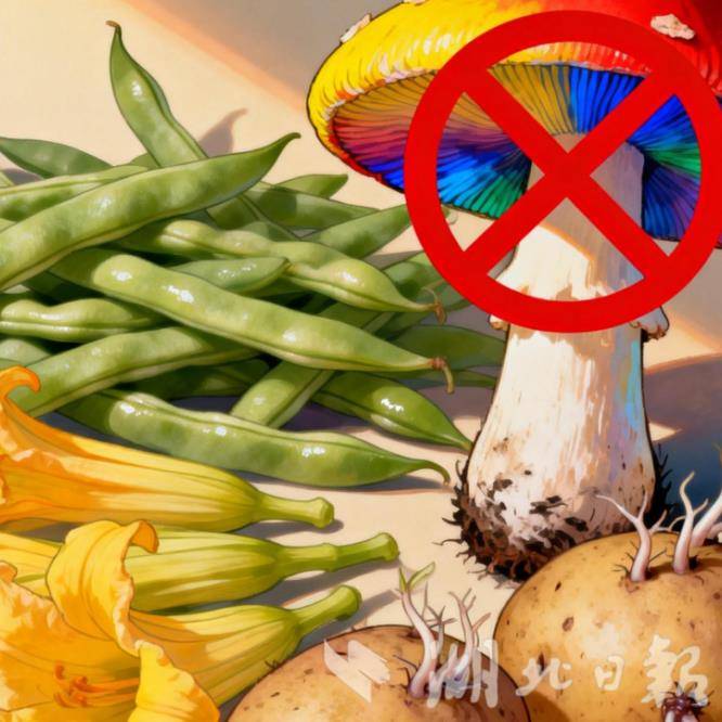 jimeng-2026-03-02-5879-生成一张16：9的含有四季豆、鲜黄花菜、野生蘑菇、发芽土豆的图片，上面要有禁止的....png