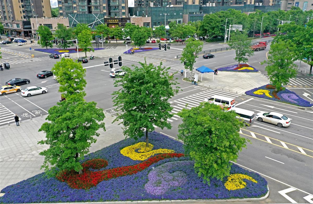 在武汉市临空港经济开发区(东西湖区)金银湖路十字路口的交通岛上