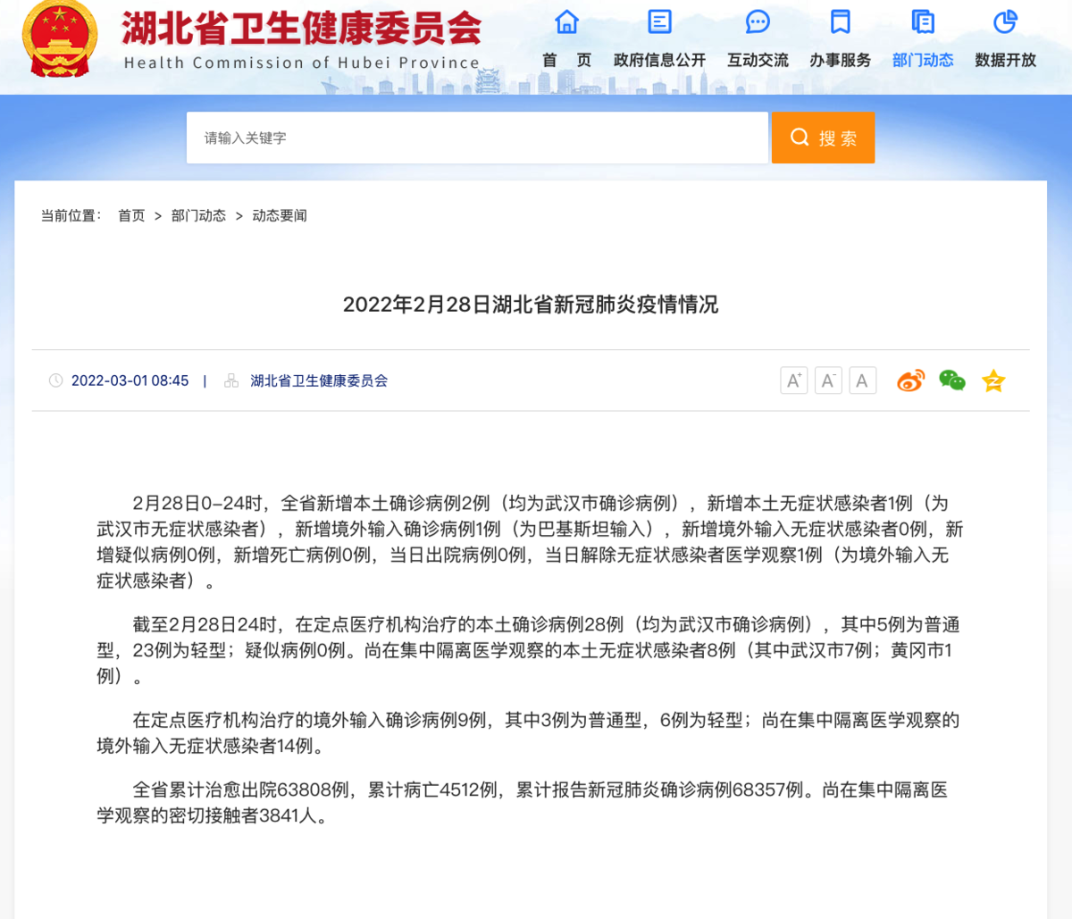 2022年2月28日湖北省新冠肺炎疫情情况